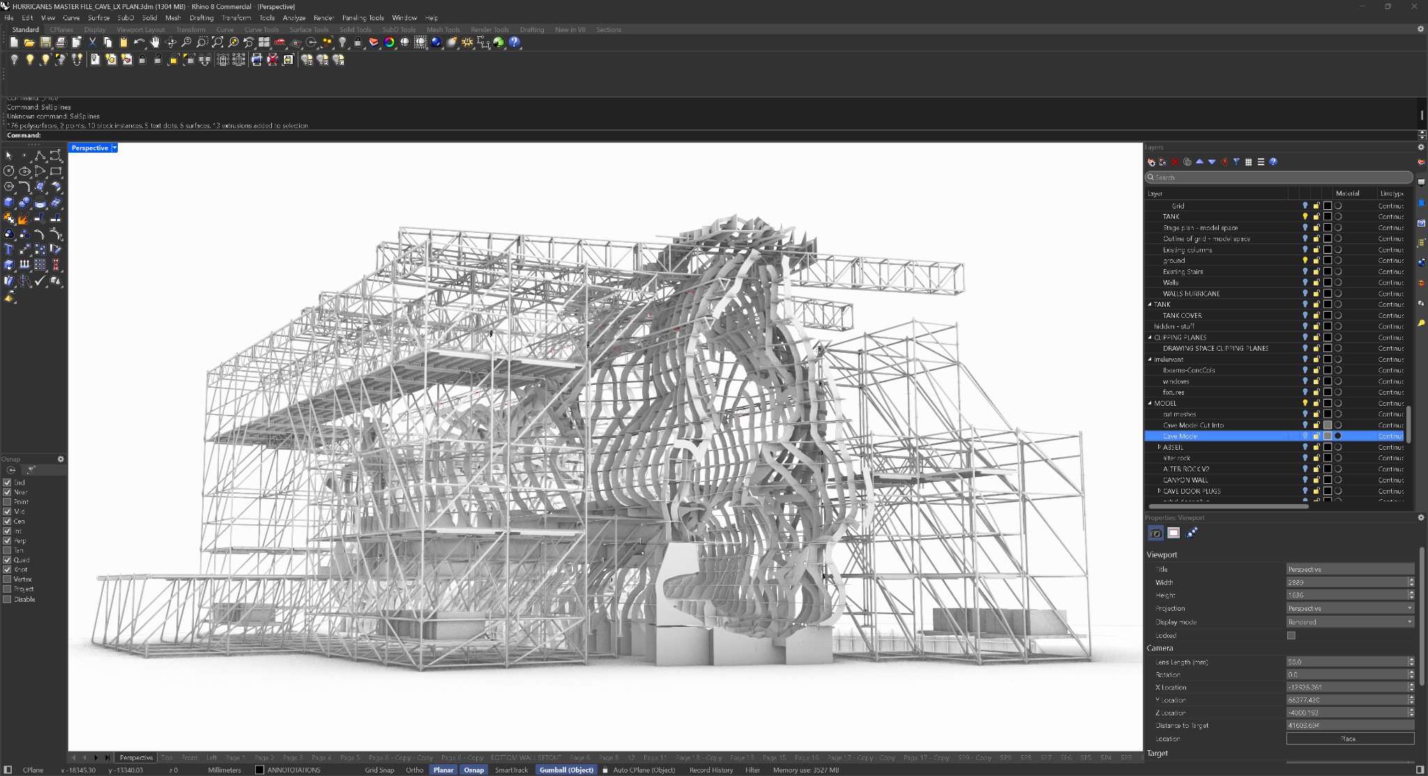 Rhino digital construction model showing the Apex cave, scaffold architecture, trusses and plywood former system.