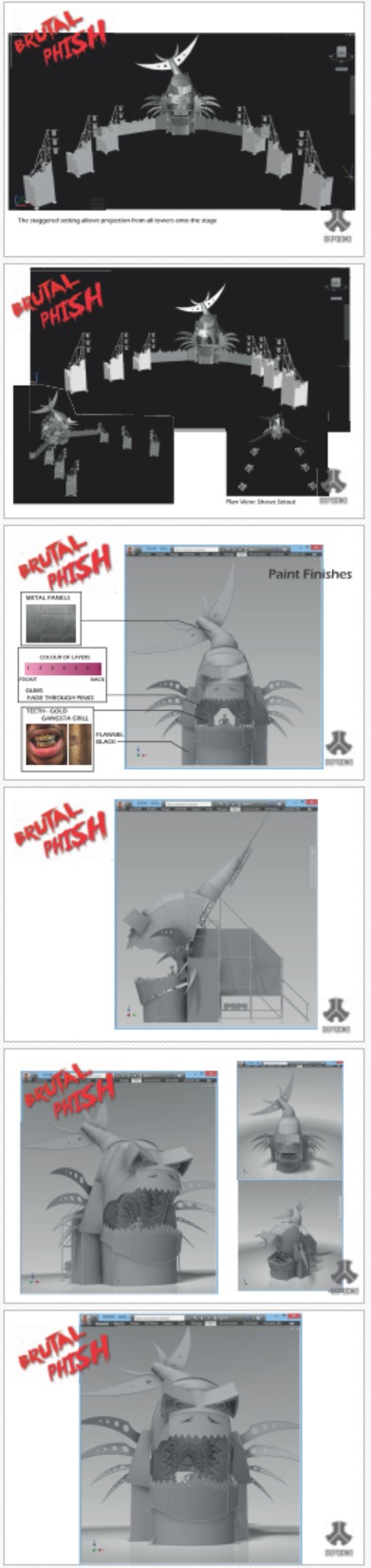 Brutal Phish technical design strip: elevations and construction drawings.