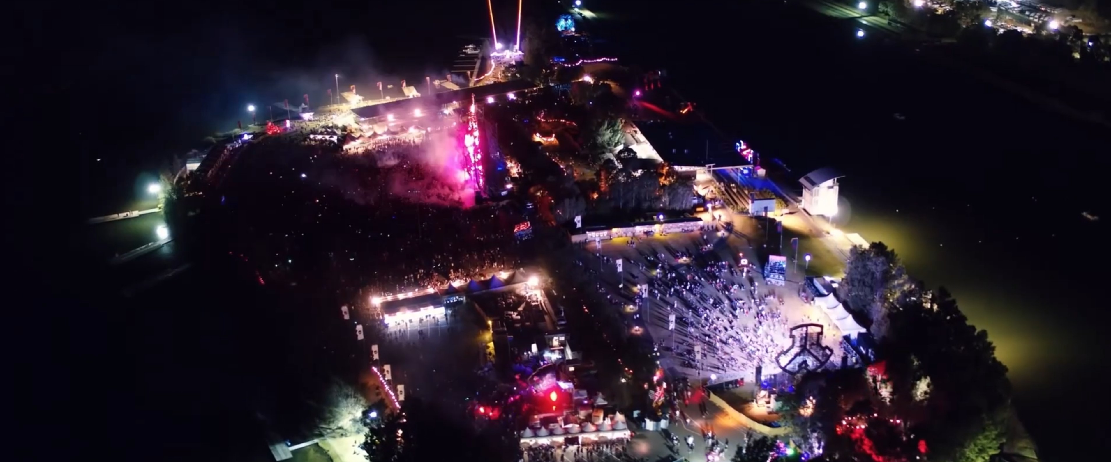 Night aerial of the Defqon.1 Australia festival world.