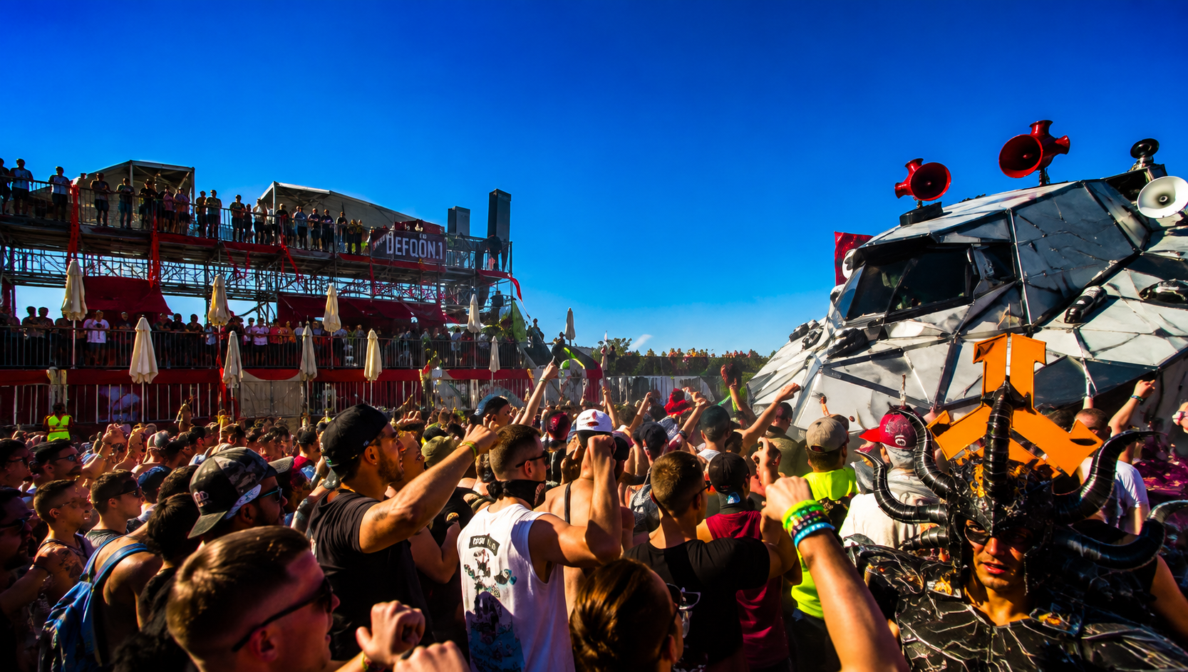 Spaceship art car moving through the Defqon.1 Australia crowd.
