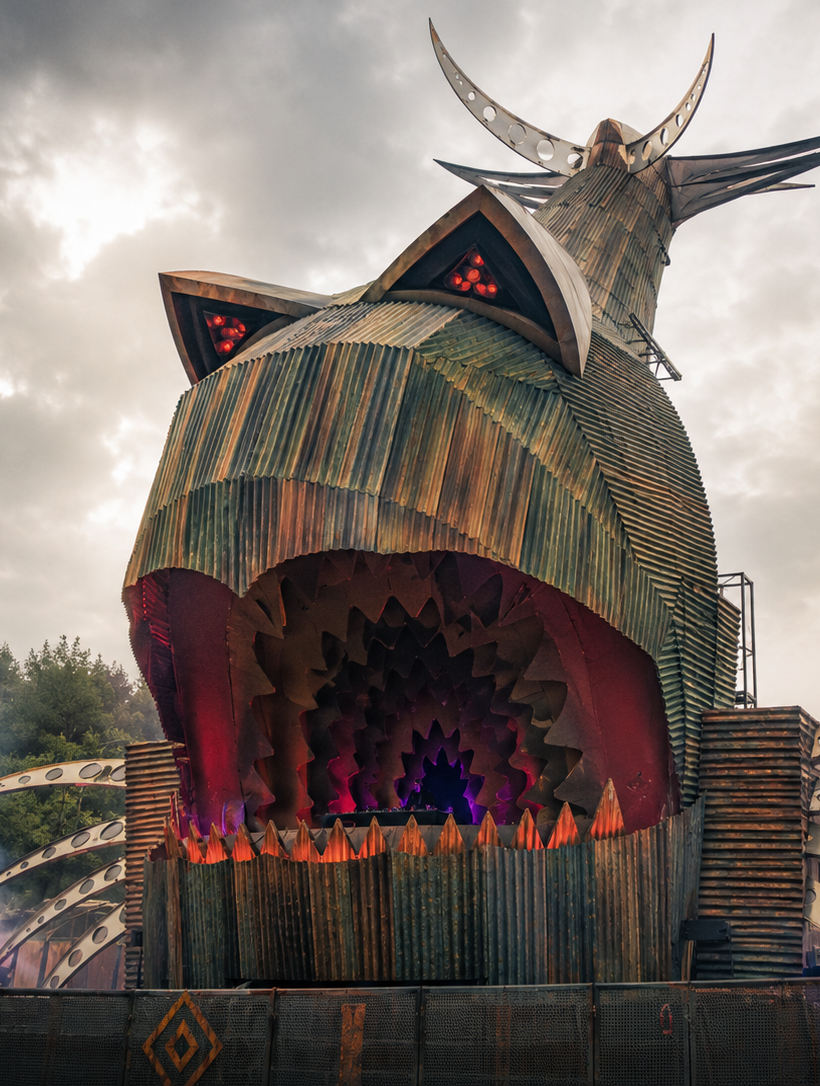 Brutal Phish stage built at Defqon.1 Netherlands, metal creature-head façade.