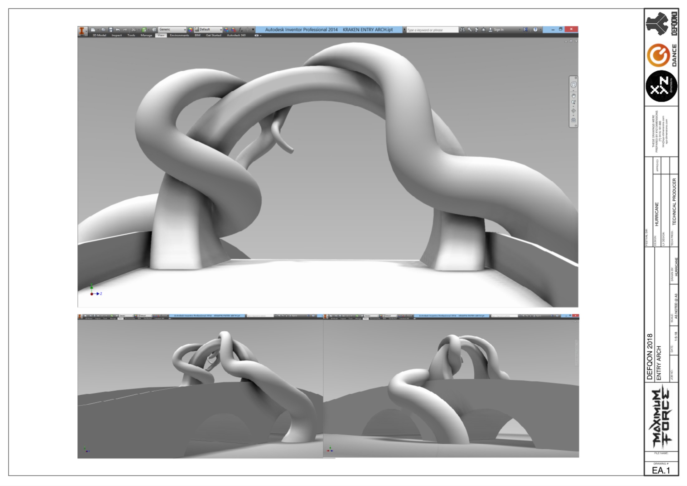 Kraken Entry Arch sheet EA.1: 3D tentacle CAD renders over the bridge, Defqon.1 Australia.