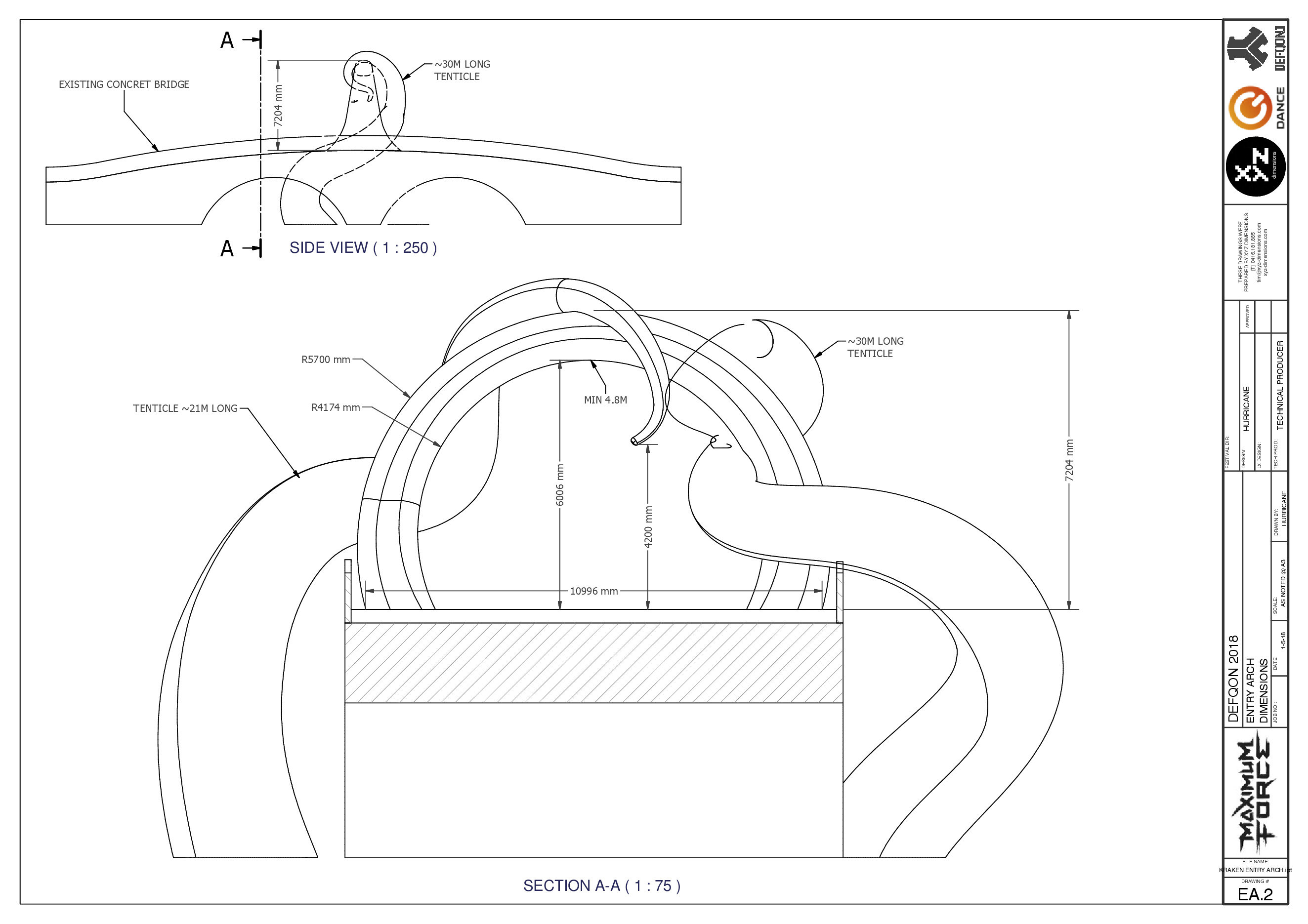 Kraken Entry Arch sheet EA.2: dimensional section and side view over the existing bridge, Defqon.1 Australia.