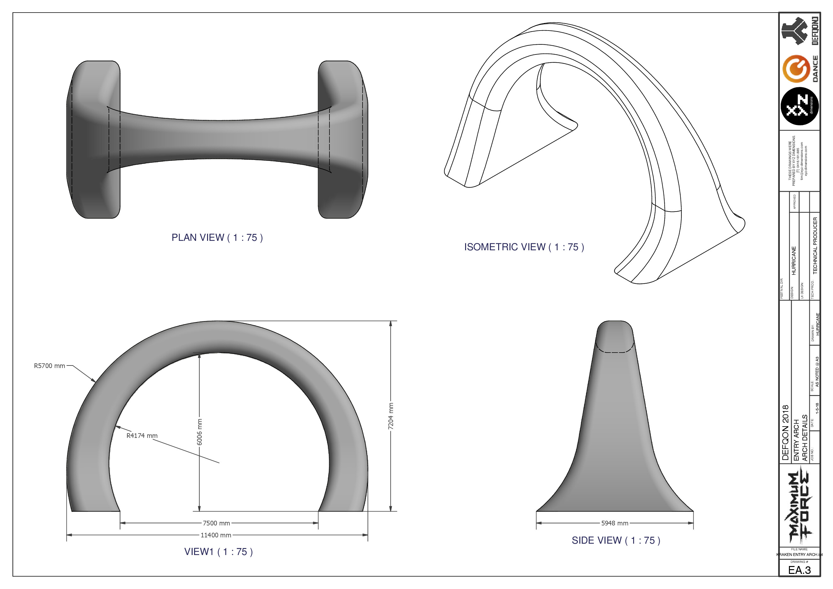 Kraken Entry Arch sheet EA.3: plan, isometric and elevation details, Defqon.1 Australia.