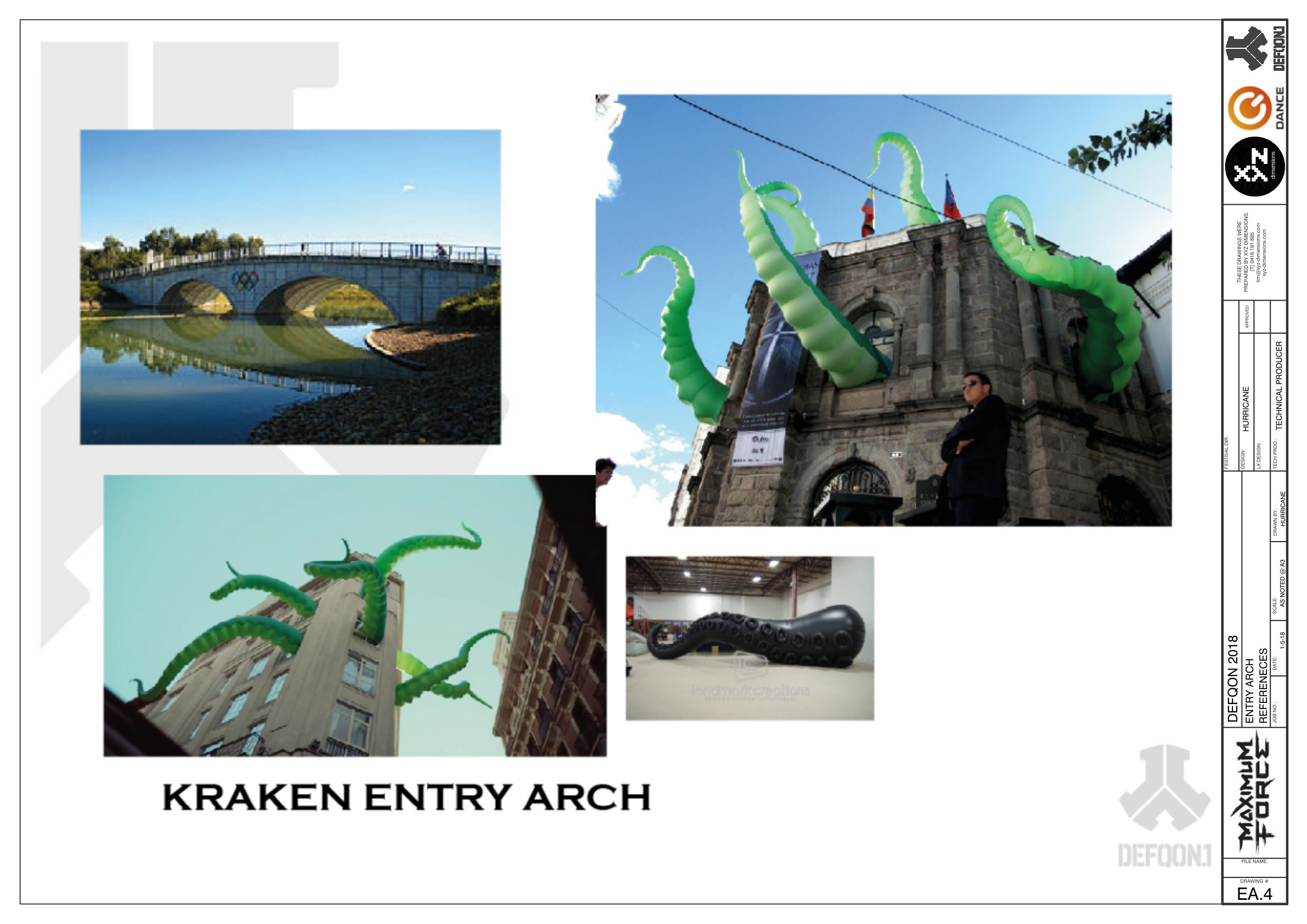 Kraken Entry Arch sheet EA.4: reference collage with green tentacle models, Defqon.1 Australia.