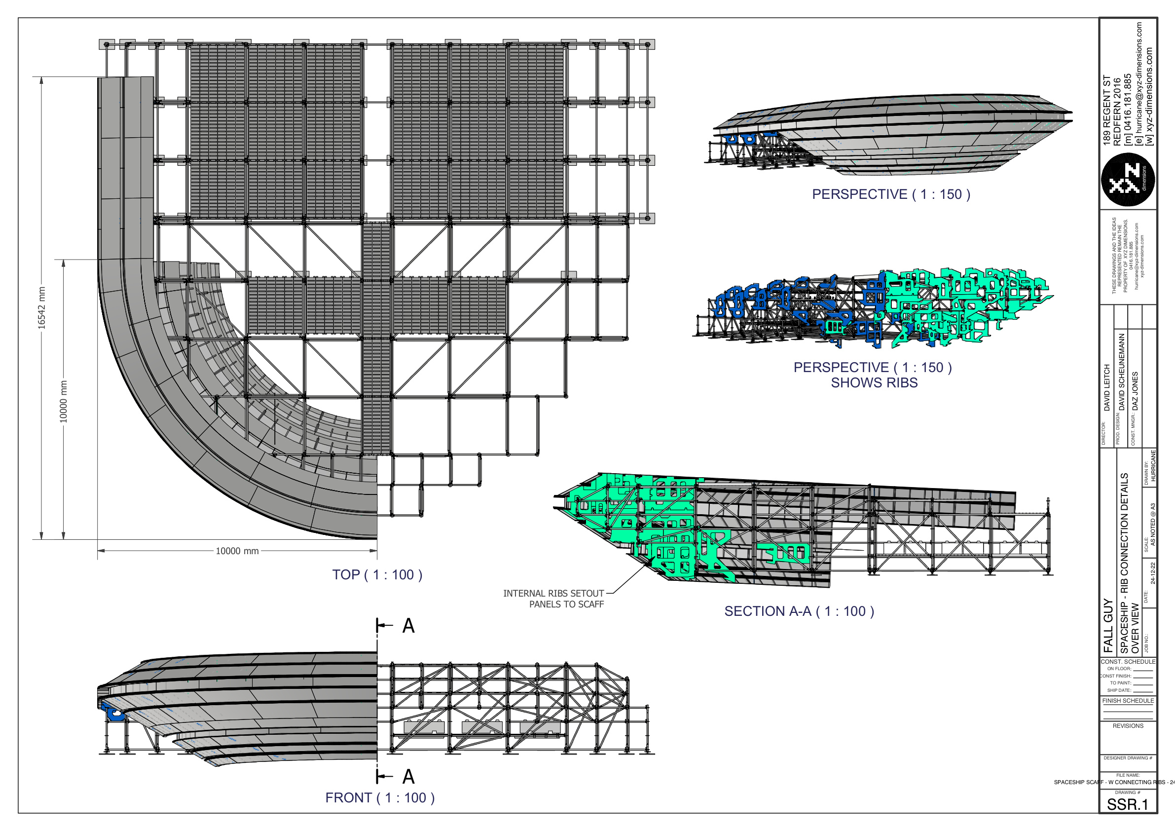 Technical drawing — UFO shell ribs, connections and scaffold interface.