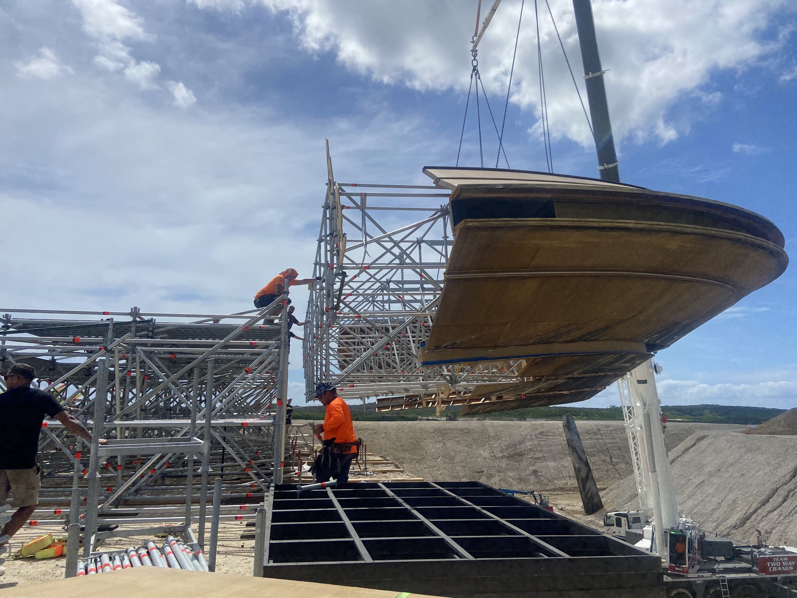 Hero UFO installed on location — cantilevered and ready.